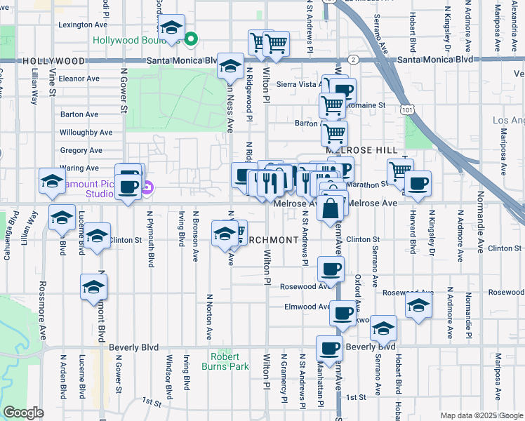 map of restaurants, bars, coffee shops, grocery stores, and more near 667 Wilton Place in Los Angeles