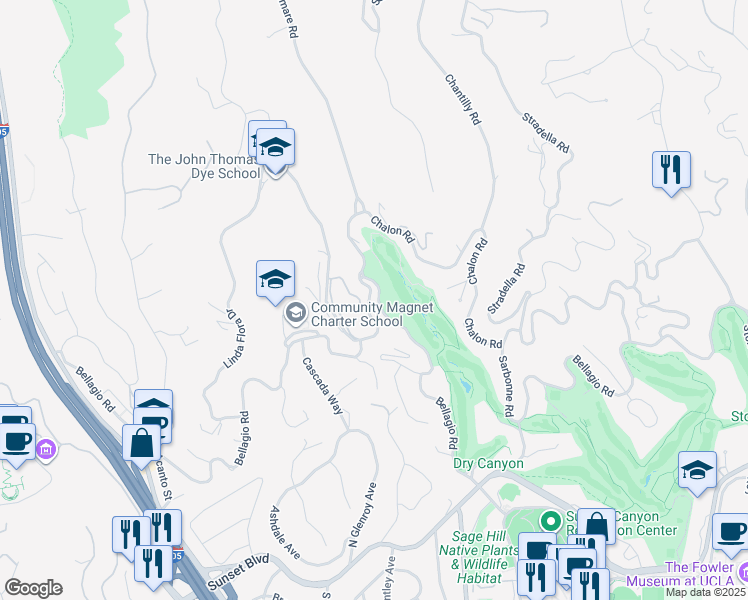 map of restaurants, bars, coffee shops, grocery stores, and more near 11010 Chalon Road in Los Angeles