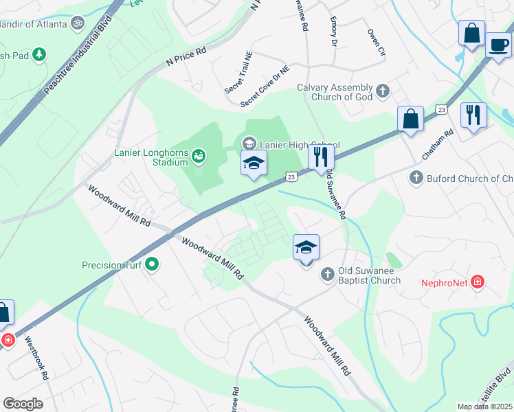 map of restaurants, bars, coffee shops, grocery stores, and more near 889 U.S. 23 in Suwanee