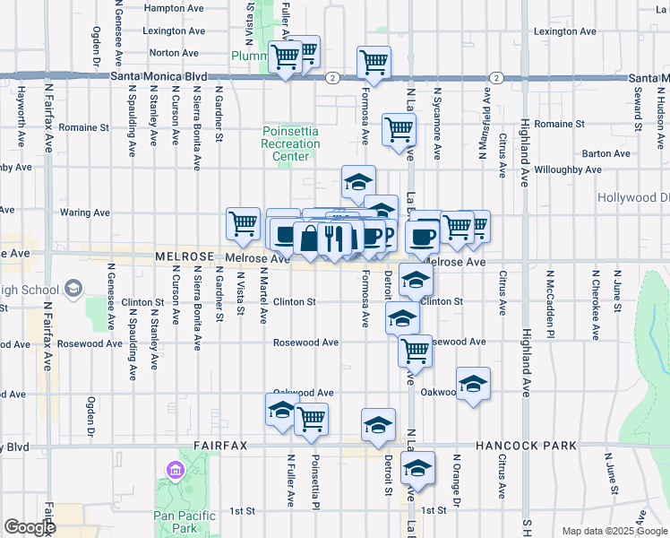map of restaurants, bars, coffee shops, grocery stores, and more near 7220 Melrose Avenue in Los Angeles