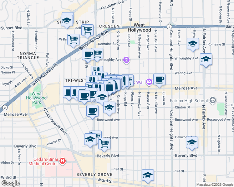 map of restaurants, bars, coffee shops, grocery stores, and more near 8428 Melrose Avenue in West Hollywood