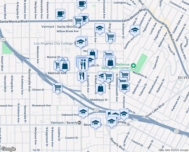 map of restaurants, bars, coffee shops, grocery stores, and more near 646 North Juanita Avenue in Los Angeles