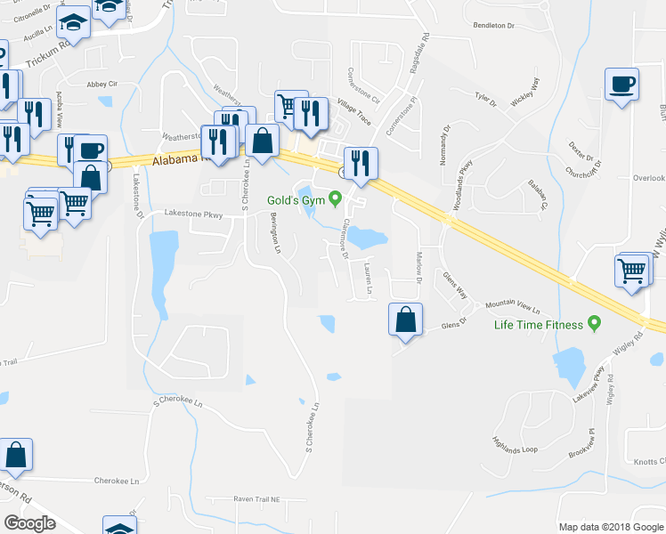 map of restaurants, bars, coffee shops, grocery stores, and more near 427 Brookes Walk in Woodstock