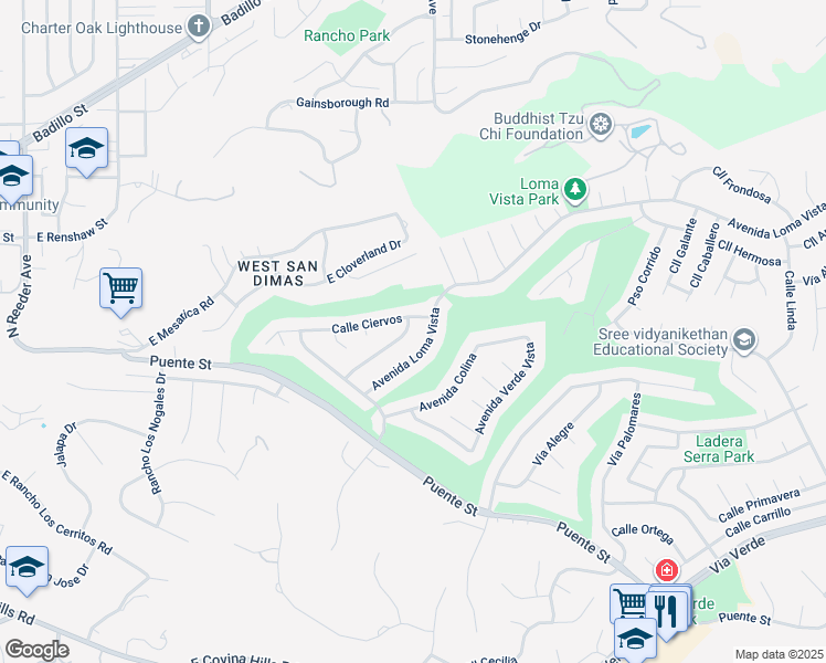 map of restaurants, bars, coffee shops, grocery stores, and more near 1516 Calle Miradero in San Dimas