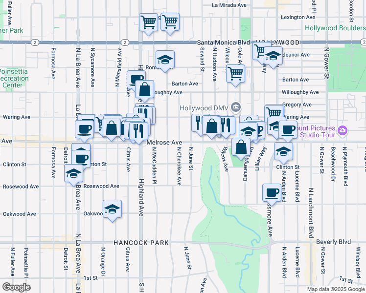map of restaurants, bars, coffee shops, grocery stores, and more near 634 North Cherokee Avenue in Los Angeles