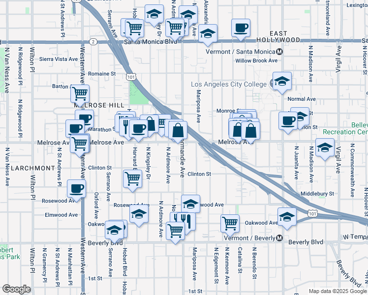 map of restaurants, bars, coffee shops, grocery stores, and more near 666 1/2 North Normandie Avenue in Los Angeles