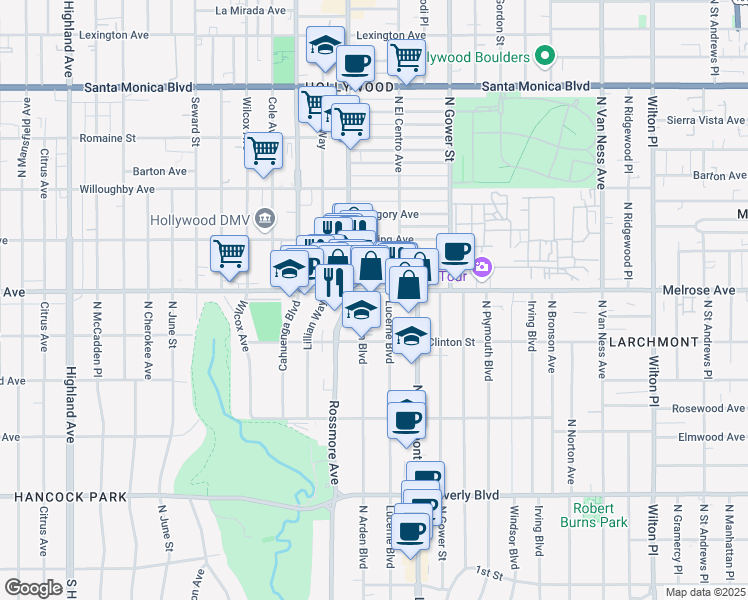 map of restaurants, bars, coffee shops, grocery stores, and more near in Los Angeles