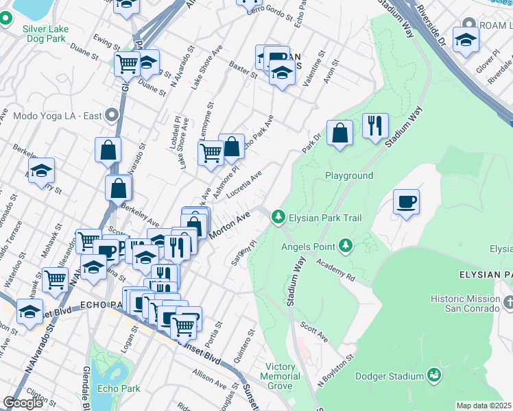 map of restaurants, bars, coffee shops, grocery stores, and more near 1751 Morton Avenue in Los Angeles