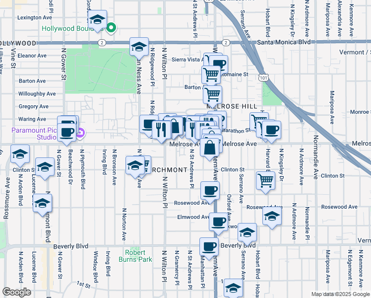 map of restaurants, bars, coffee shops, grocery stores, and more near 5130 Melrose Avenue in Los Angeles