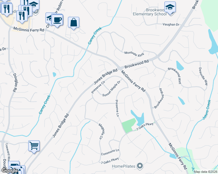 map of restaurants, bars, coffee shops, grocery stores, and more near 12535 Sunset Maple Way in Alpharetta