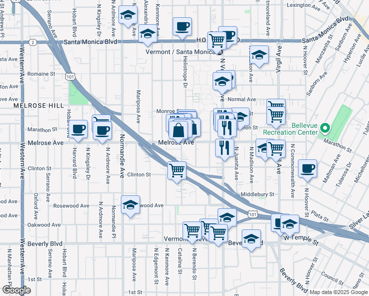 map of restaurants, bars, coffee shops, grocery stores, and more near 660 North Heliotrope Drive in Los Angeles