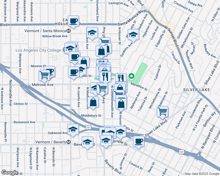 map of restaurants, bars, coffee shops, grocery stores, and more near 632 North Commonwealth Avenue in Los Angeles