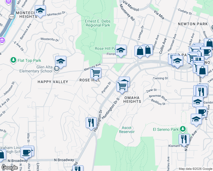 map of restaurants, bars, coffee shops, grocery stores, and more near 3255 Pyrites Street in Los Angeles