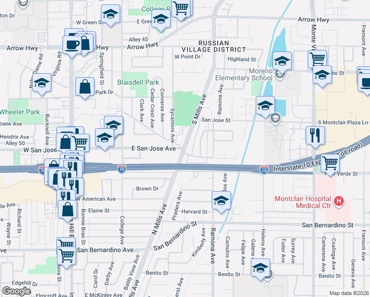 map of restaurants, bars, coffee shops, grocery stores, and more near 399 East San Jose Avenue in Claremont