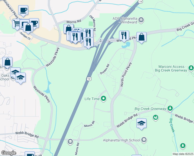 map of restaurants, bars, coffee shops, grocery stores, and more near 12426 Morris Road in Alpharetta