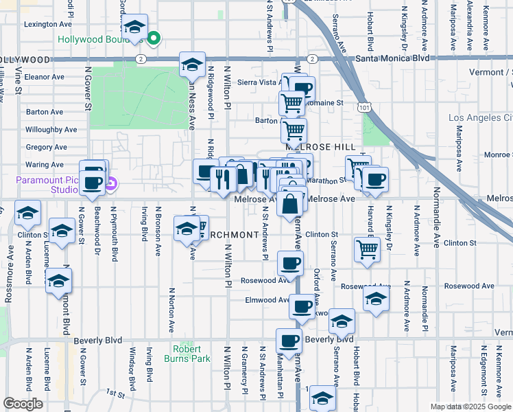 map of restaurants, bars, coffee shops, grocery stores, and more near 5130 Melrose Avenue in Los Angeles