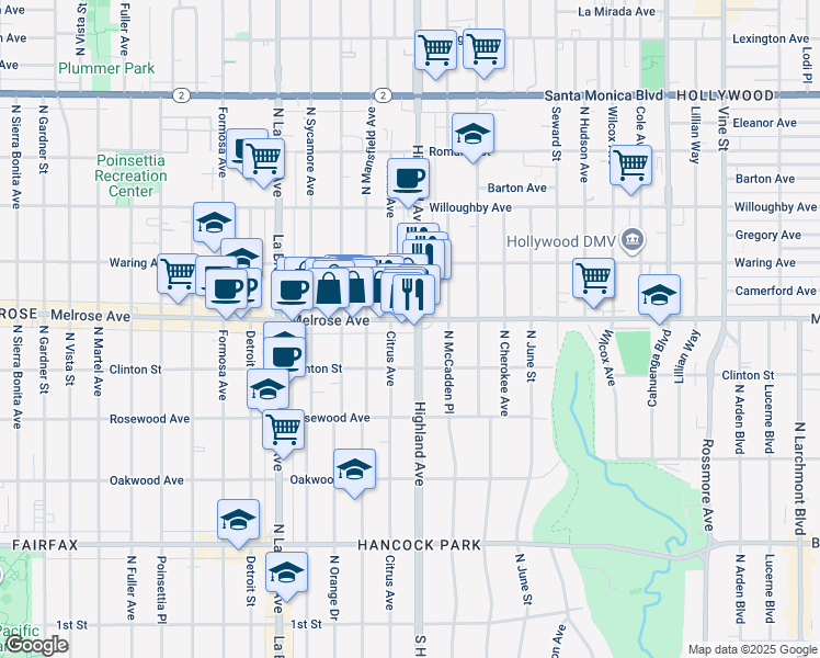 map of restaurants, bars, coffee shops, grocery stores, and more near 659 North Highland Avenue in Los Angeles