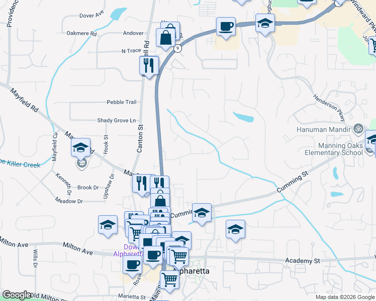 map of restaurants, bars, coffee shops, grocery stores, and more near 1800 North Creek Circle in Alpharetta