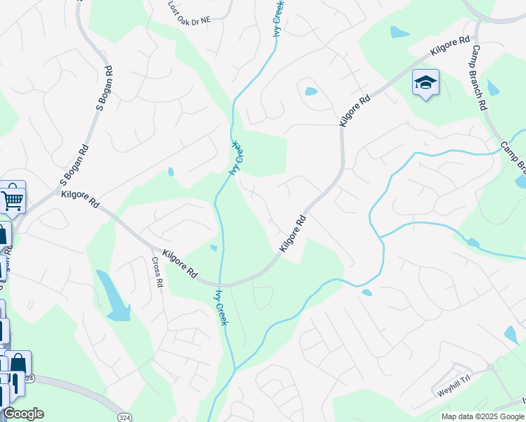 map of restaurants, bars, coffee shops, grocery stores, and more near 3470 Kentwater Drive in Buford