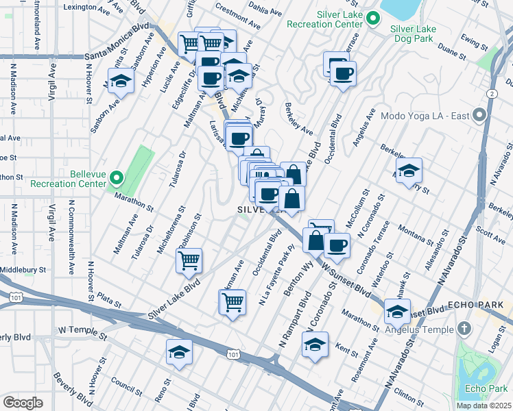 map of restaurants, bars, coffee shops, grocery stores, and more near 3004 West Sunset Boulevard in Los Angeles