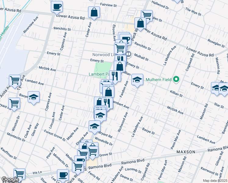 map of restaurants, bars, coffee shops, grocery stores, and more near 4333 Peck Road in El Monte