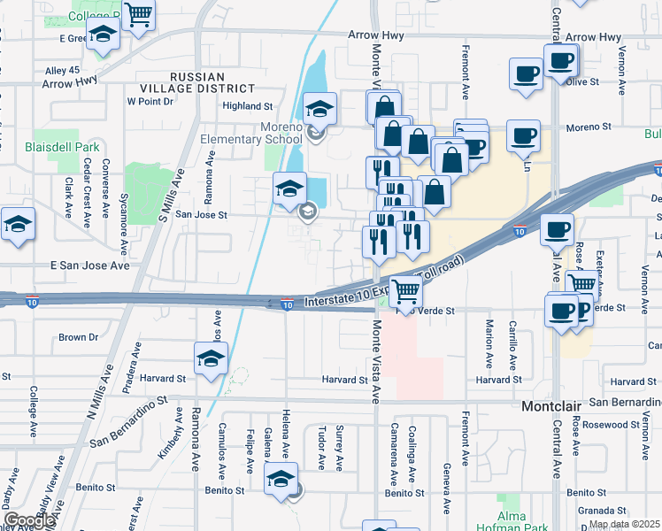 map of restaurants, bars, coffee shops, grocery stores, and more near 9382 Shadowood Drive in Montclair