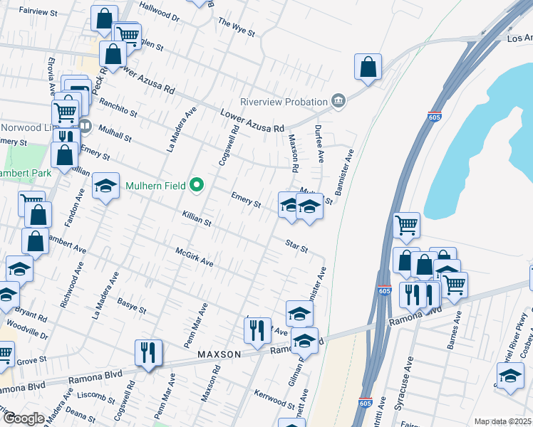 map of restaurants, bars, coffee shops, grocery stores, and more near 12140 Emery Street in El Monte