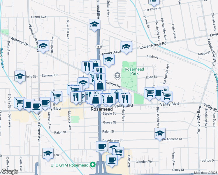 map of restaurants, bars, coffee shops, grocery stores, and more near 9017 Newby Avenue in Rosemead