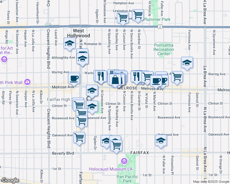 map of restaurants, bars, coffee shops, grocery stores, and more near 647 North Stanley Avenue in Los Angeles