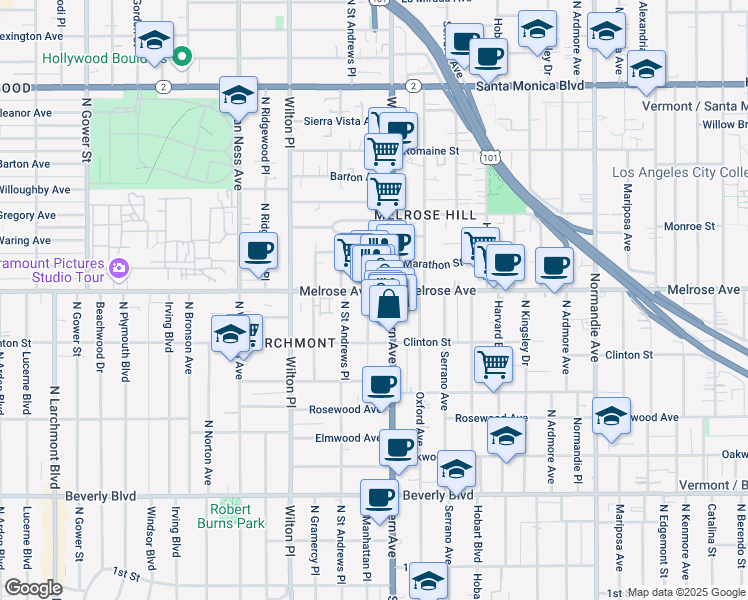 map of restaurants, bars, coffee shops, grocery stores, and more near 641 North Western Avenue in Los Angeles