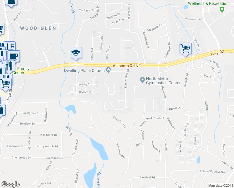 map of restaurants, bars, coffee shops, grocery stores, and more near 1315 Yorkshire Lane in Woodstock