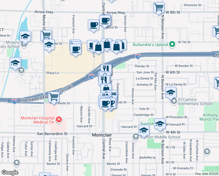 map of restaurants, bars, coffee shops, grocery stores, and more near 9414 Rose Avenue in Montclair