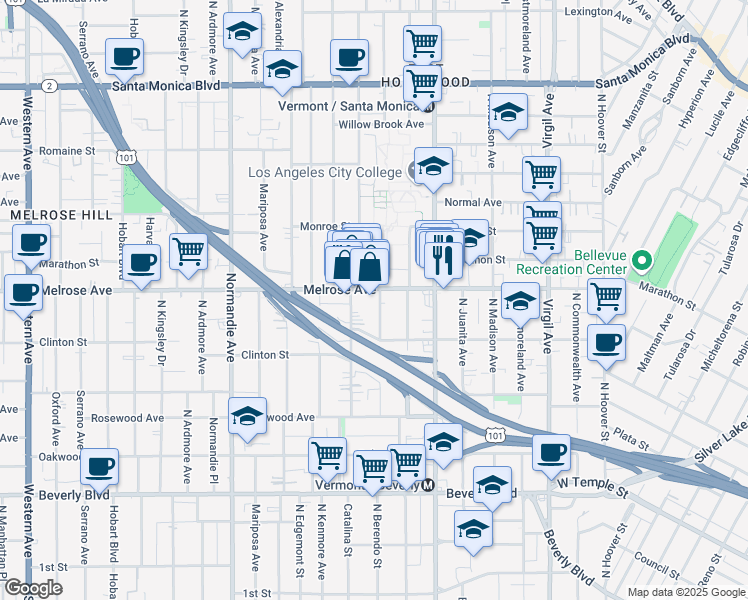 map of restaurants, bars, coffee shops, grocery stores, and more near 659 North Berendo Street in Los Angeles