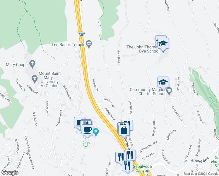 map of restaurants, bars, coffee shops, grocery stores, and more near 1219 Casiano Road in Los Angeles