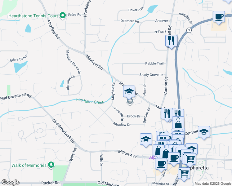 map of restaurants, bars, coffee shops, grocery stores, and more near 215 Mayfield Circle in Alpharetta