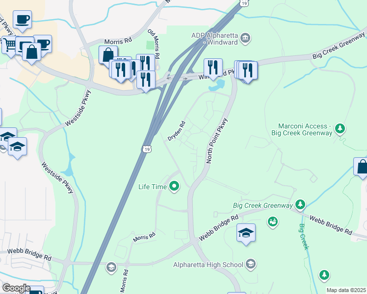 map of restaurants, bars, coffee shops, grocery stores, and more near 735 Topsail Lane in Alpharetta