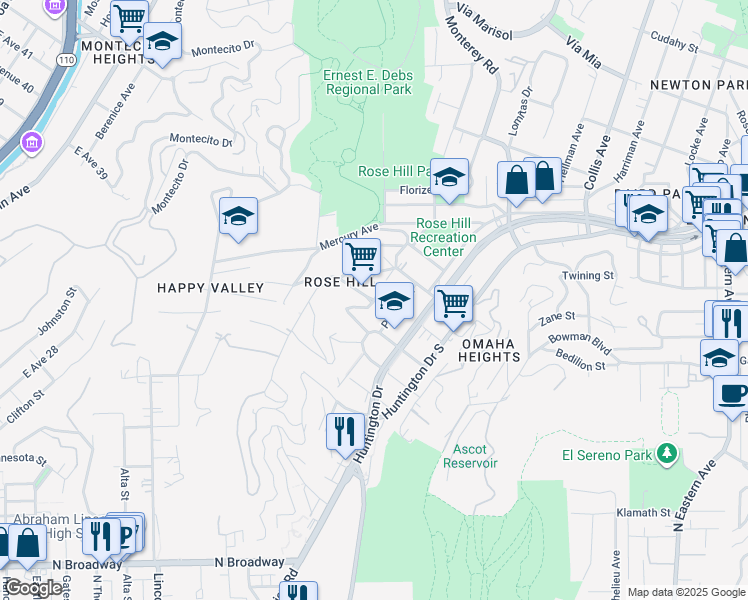 map of restaurants, bars, coffee shops, grocery stores, and more near 4392 East Rose Hill Drive in Los Angeles