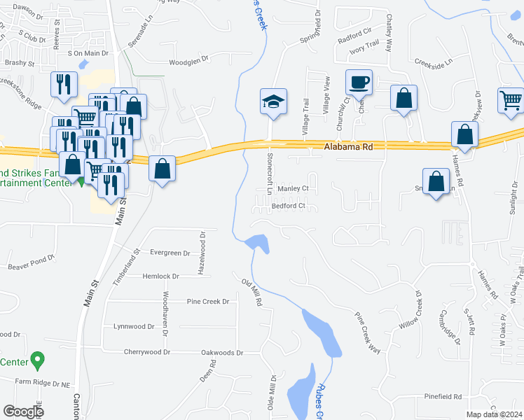 map of restaurants, bars, coffee shops, grocery stores, and more near 622 Bedford Court in Woodstock