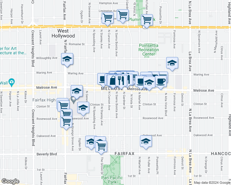 map of restaurants, bars, coffee shops, grocery stores, and more near 1/2 North Sierra Bonita Avenue in Los Angeles