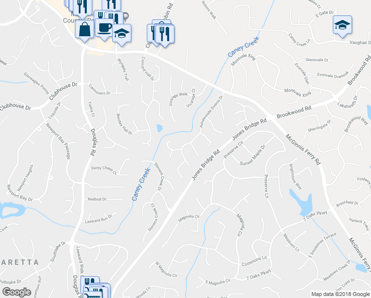 map of restaurants, bars, coffee shops, grocery stores, and more near 5510 Ashewoode Downs Drive in Alpharetta