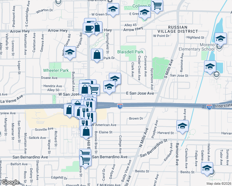 map of restaurants, bars, coffee shops, grocery stores, and more near 120 West San Jose Avenue in Claremont