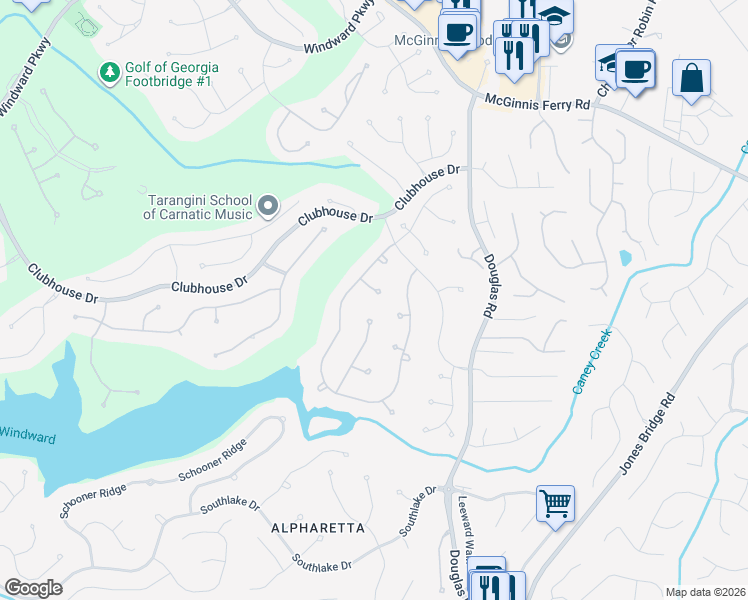 map of restaurants, bars, coffee shops, grocery stores, and more near 225 Newport Fairway in Alpharetta