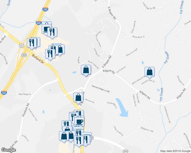 map of restaurants, bars, coffee shops, grocery stores, and more near 2020 Harvest Ridge Circle Northeast in Buford