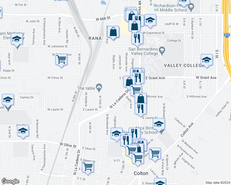 map of restaurants, bars, coffee shops, grocery stores, and more near 1377 North La Cadena Drive in Colton