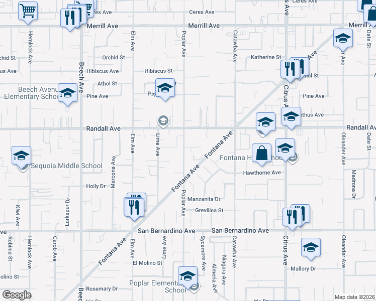 map of restaurants, bars, coffee shops, grocery stores, and more near 9392 Whitewood Court in Fontana