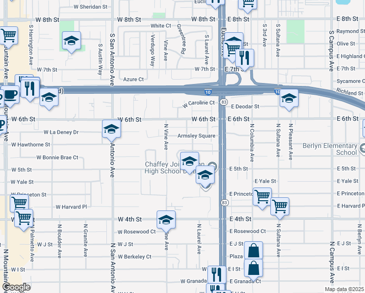 map of restaurants, bars, coffee shops, grocery stores, and more near 1353 North Palm Avenue in Ontario