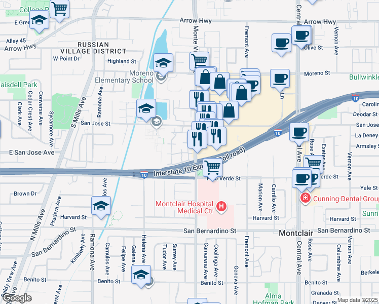 map of restaurants, bars, coffee shops, grocery stores, and more near 9385 Mesa Verde Drive in Montclair