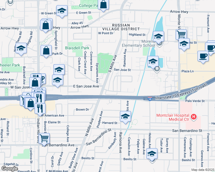 map of restaurants, bars, coffee shops, grocery stores, and more near 9433 South Mills Avenue in Montclair
