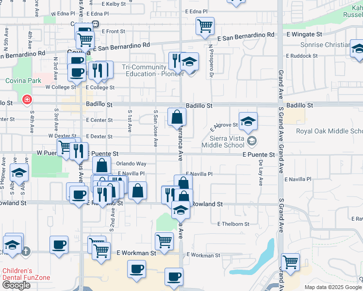 map of restaurants, bars, coffee shops, grocery stores, and more near 457 East Puente Street in Covina