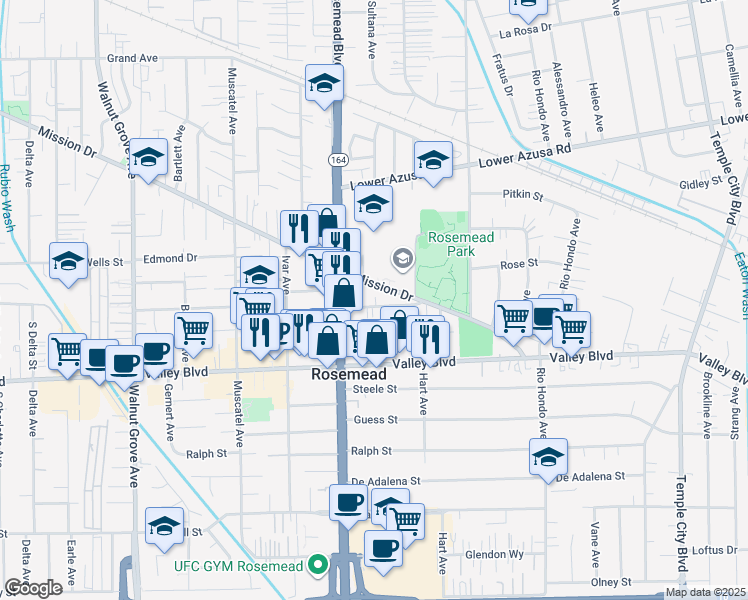 map of restaurants, bars, coffee shops, grocery stores, and more near 9017 Newby Avenue in Rosemead